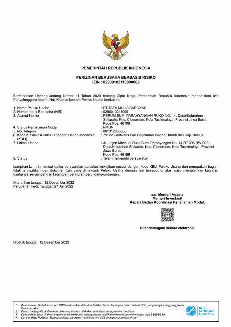 Dokumen Izin Haji TAZA BANDUNG